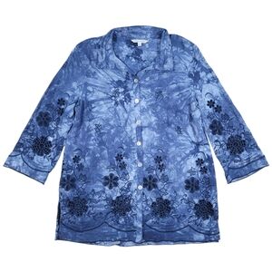 John Mark Tunic Top Women S Blue Boxy Watercolor Tie Dye Eyelet Floral Button Up